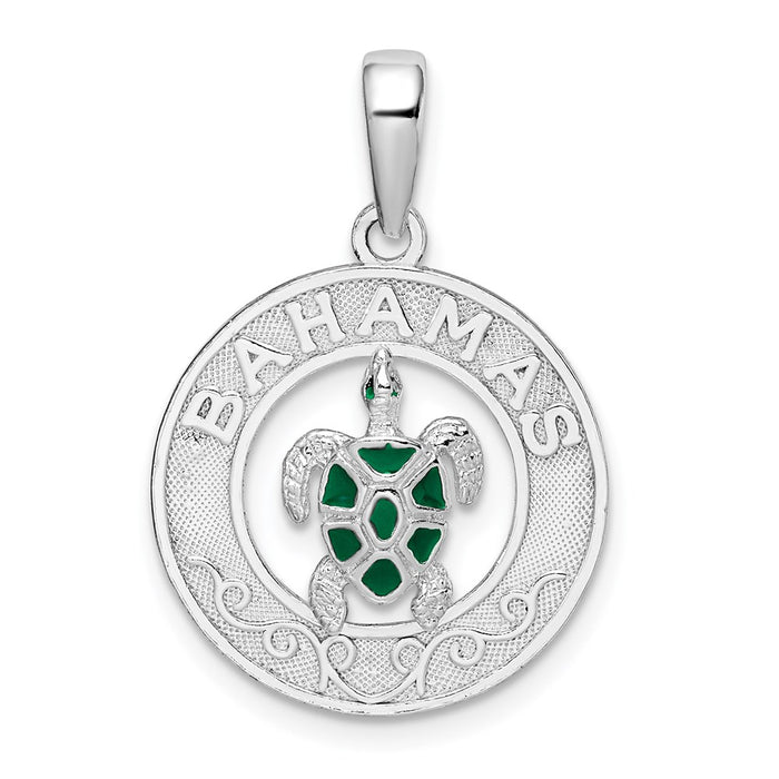 Million Charms 925 Sterling Silver Travel Charm Pendant, Bahamas On Round Frame with Enamel Turtle Center