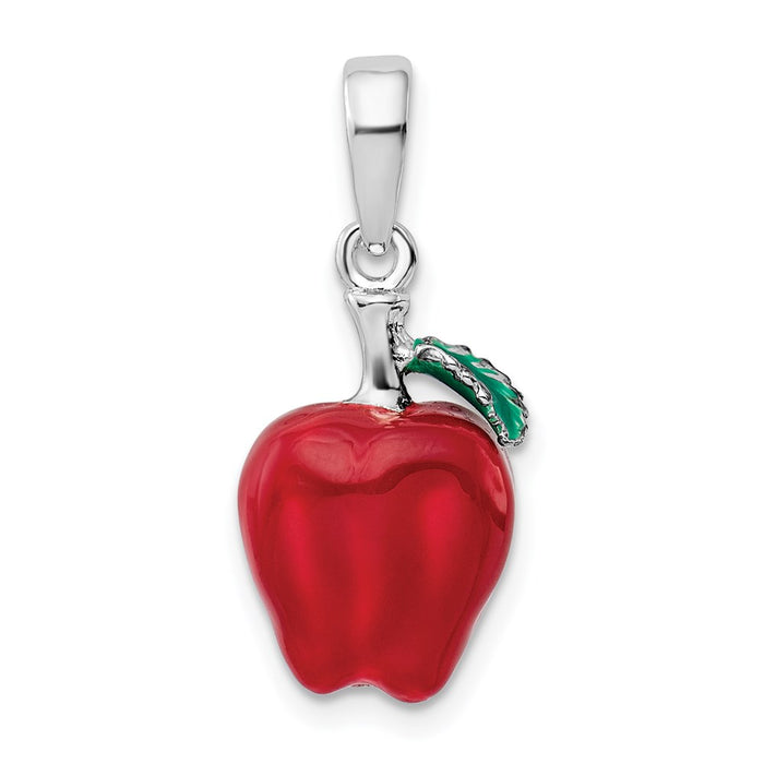 Million Charms 925 Sterling Silver Charm Pendant, 3-D Enamel Red Delicious Apple with Stem & Leaf