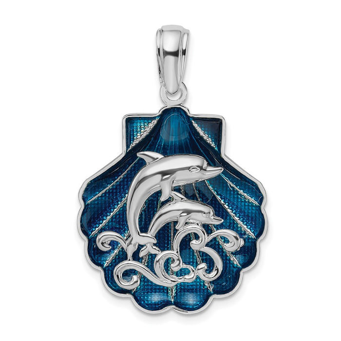 Million Charms 925 Sterling Silver Nautical Sea Life  Charm Pendant, Large Blue Shell with Dolphins Attached, 2-D [ Blue Enamel ]