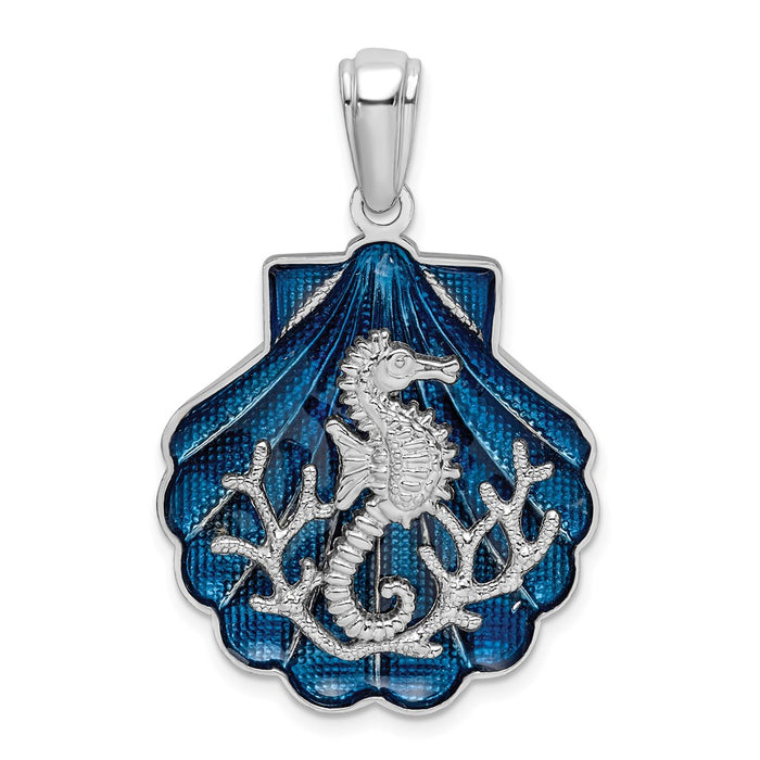 Million Charms 925 Sterling Silver Nautical Sea Life Charm Pendant, Blue Shell with Seahorse Attached, 2-D [ Blue Enamel ]