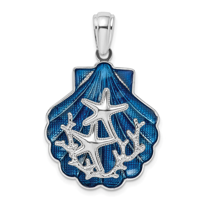 Million Charms 925 Sterling Silver Sea Life Nautical Charm Pendant, Blue Shell with Starfish Attached, 2-D [ Blue Enamel ]