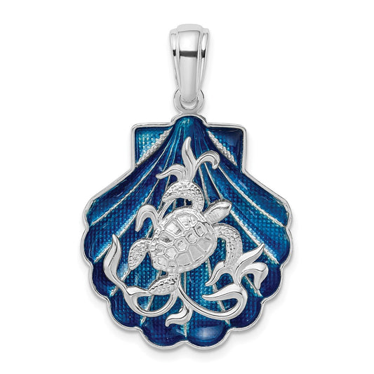 Million Charms 925 Sterling Silver Charm Pendant, Large Blue Shell with Sea Turtle Attached, 2-D [ Blue Enamel ]