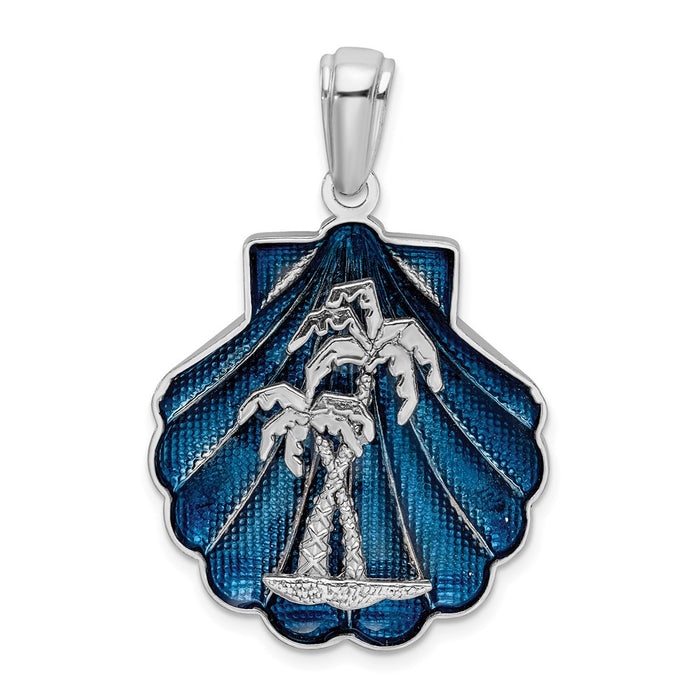 Million Charms 925 Sterling Silver Charm Pendant, Blue Shell with Palm Trees Attached, 2-D [ Blue Enamel]