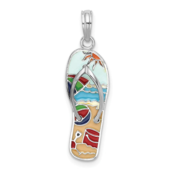 Million Charms 925 Sterling Silver Charm Pendant, Beach Scene On Flip-Flop