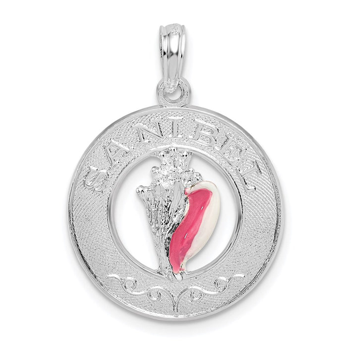 Million Charms 925 Sterling Silver Travel Charm Pendant, Sanibel On Round Frame with Enamel Conch Shell Center
