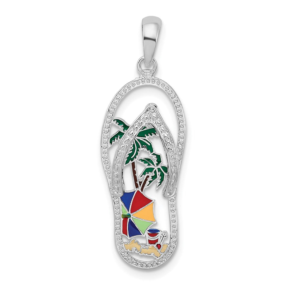 Million Charms 925 Sterling Silver Charm Pendant, Palm Tree Beach Scene Flip-Flop with Enamel [Cut-Out]