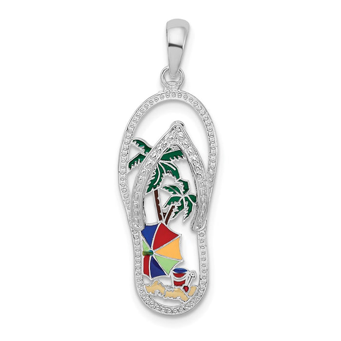 Million Charms 925 Sterling Silver Charm Pendant, Palm Tree Beach Scene Flip-Flop with Enamel [Cut-Out]