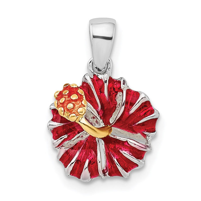 Million Charms 925 Sterling Silver Charm Pendant, Small Red Hibiscus Flower Pendant, Small 2-D & Textured