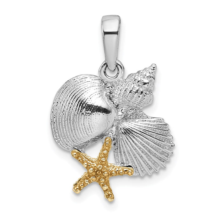 Million Charms 925 Sterling Silver Sea Life Nautical Charm Pendant, Shell Cluster with 14K Starfish, 2-D, High Polish & Text