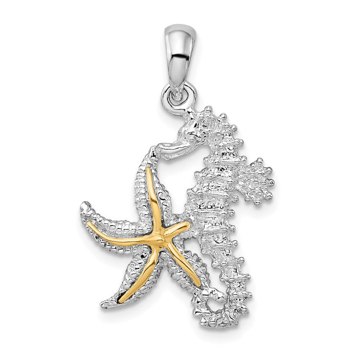 Million Charms 925 Sterling Silver Sea Life Nautical Charm Pendant, Seahorse & Starfish with Gold Accent