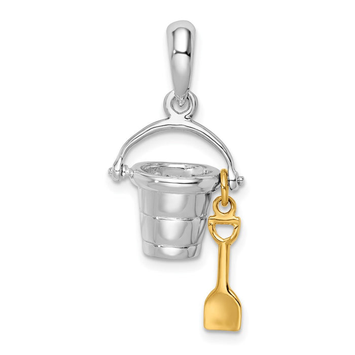 Million Charms 925 Sterling Silver Charm Pendant, 3-D Beach Bucket with 14K Shovel & Moveable