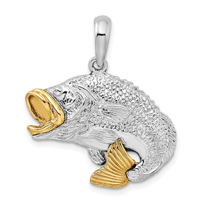 Million Charms 925 Sterling Silver Sea Life Nautical Charm Pendant, Bass Fish Jumping with 14K Mouth & Tail 2-D