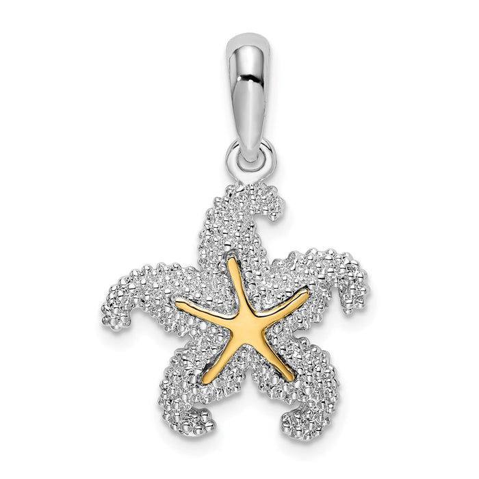 Million Charms 925 Sterling Silver Sea Life Nautical Charm Pendant, Puffed Starfish with 14K Accent Pendant, 2-D