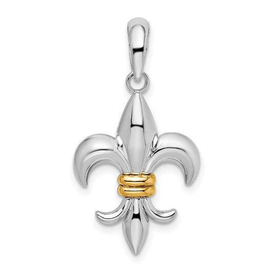 Million Charms 925 Sterling Silver Charm Pendant, Medium Fleur-De-Lis Pendant with 14K Accent 2-D