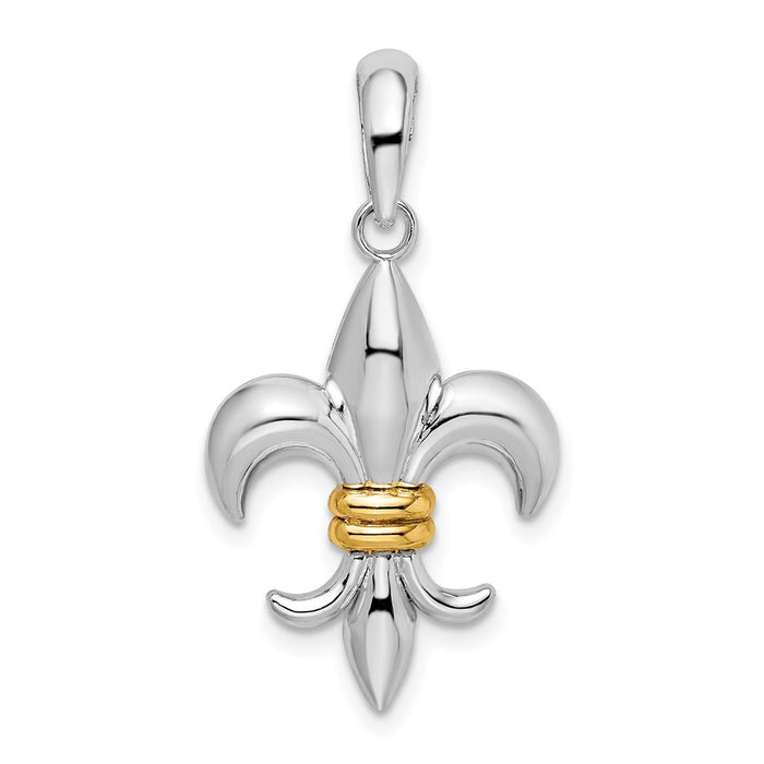 Million Charms 925 Sterling Silver Charm Pendant, Medium Fleur-De-Lis Pendant with 14K Accent 2-D