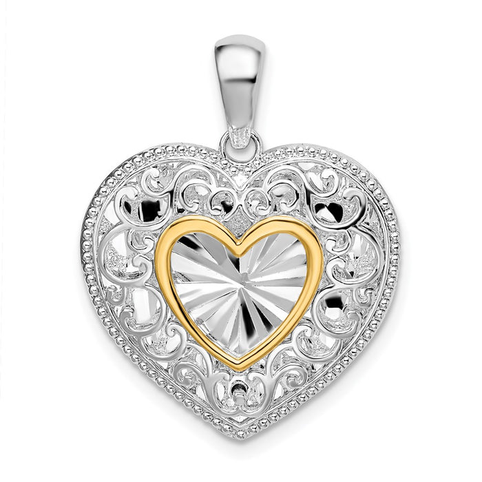 Million Charms 925 Sterling Silver Charm Pendant, 14K 3-D Heart with Starburst Center & Textured Closed Back