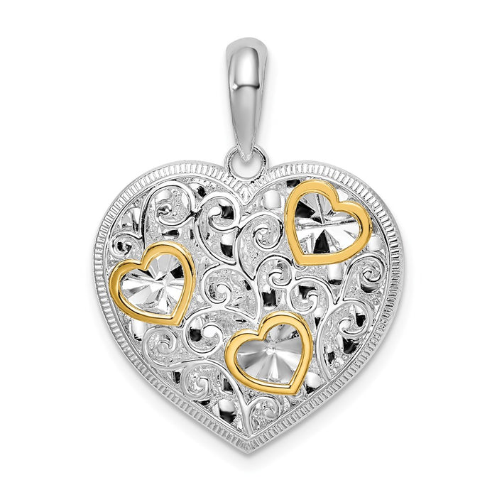 Million Charms 925 Sterling Silver Charm Pendant, 14K Heart with Cut-Out Hearts & Reverse Textured Closed Back