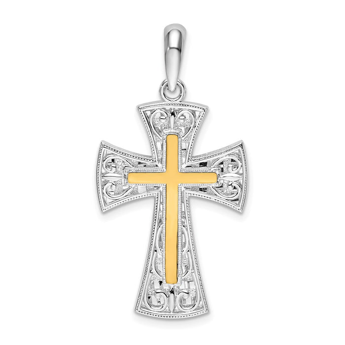 Million Charms 925 Sterling Silver Religious Charm Pendant, 14K Cross  with Filigree Heart Tip & Stick Center, Closed