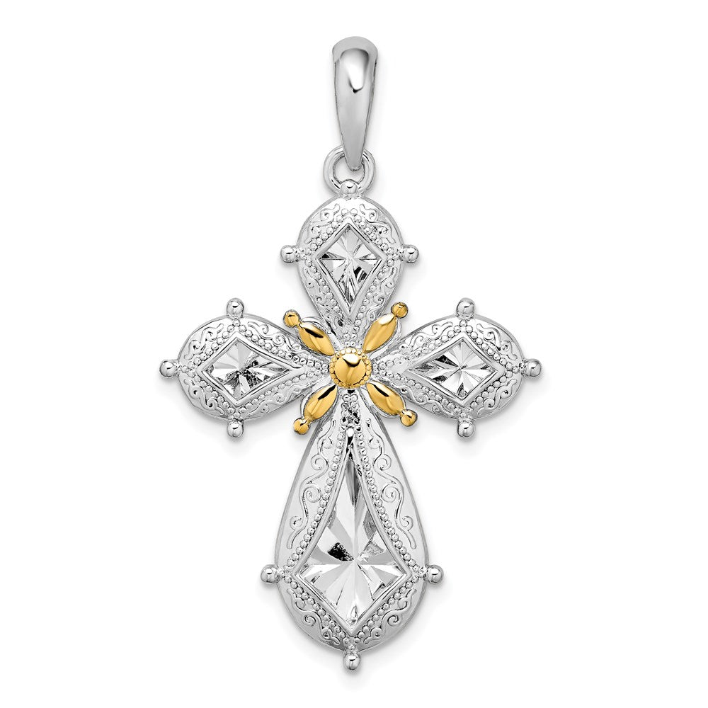 Million Charms 925 Sterling Silver Religious Charm Pendant, 14K Cross  with Starburst & Filigree Teardrop, Closed Back