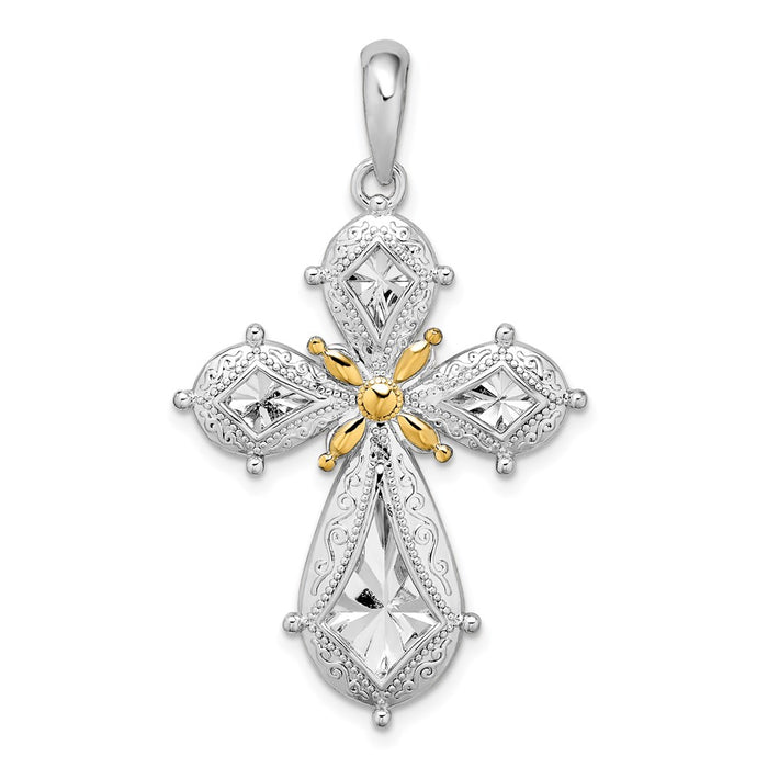 Million Charms 925 Sterling Silver Religious Charm Pendant, 14K Cross  with Starburst & Filigree Teardrop, Closed Back