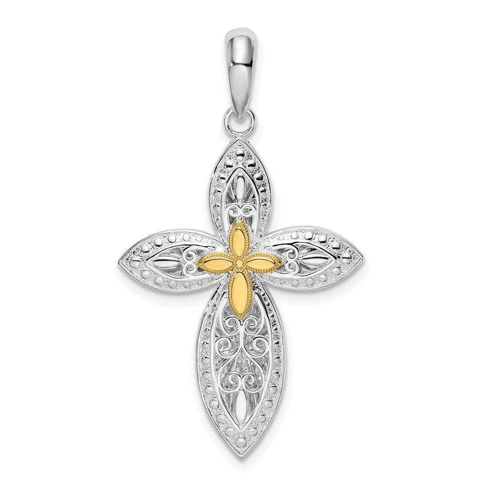 Million Charms 925 Sterling Silver Religious Charm Pendant, Beaded Edge Cross  with Filigree Design & 14K Cross , Closed