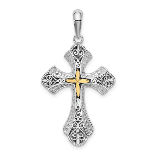 Million Charms 925 Sterling Silver Religious Charm Pendant, Beaded Edge Cross  with Raised Filigree & 14K Cross , Closed
