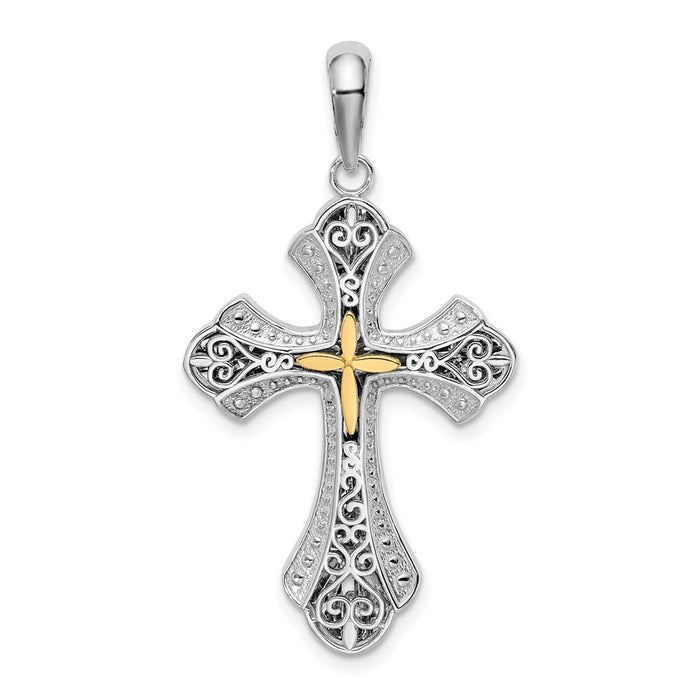 Million Charms 925 Sterling Silver Religious Charm Pendant, Beaded Edge Cross  with Raised Filigree & 14K Cross , Closed