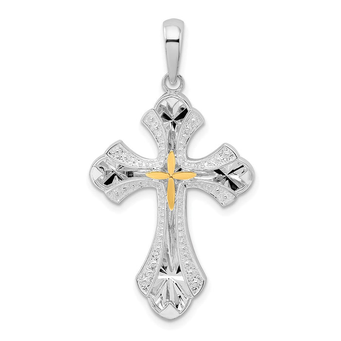 Million Charms 925 Sterling Silver Religious Charm Pendant, Beaded Edge Cross  with Starburst Inset & 14K Cross , Closed