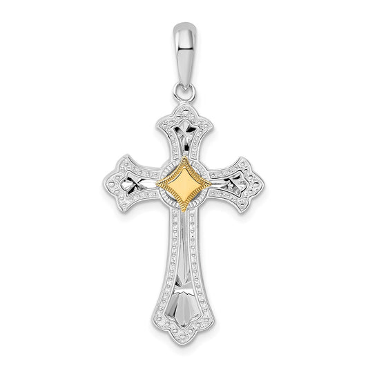 Million Charms 925 Sterling Silver Religious Charm Pendant, Beaded Edge Cross  with Starburst Inset & 14K Cross , Closed