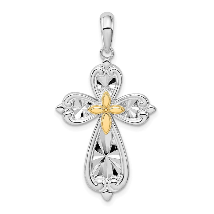 Million Charms 925 Sterling Silver Religious Charm Pendant, Heart Tip Cross  with Starburst Inset & 14K Cross , Closed Ba