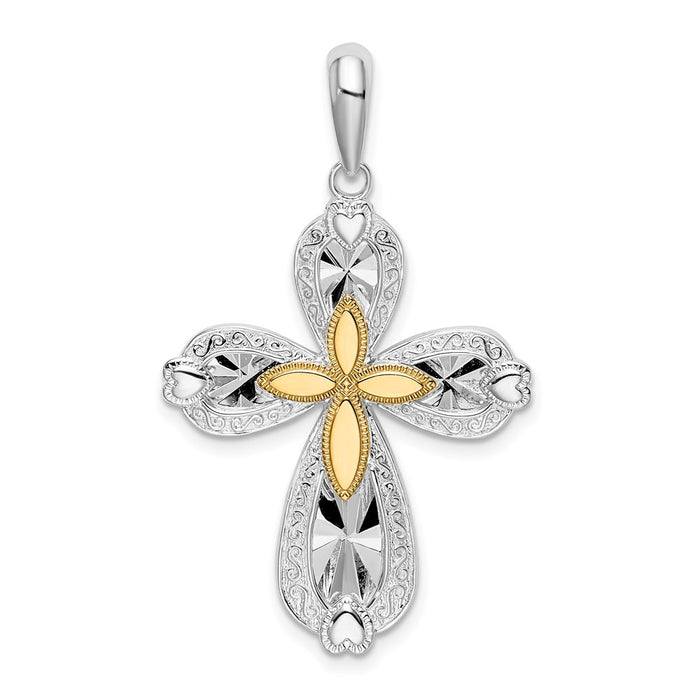 Million Charms 925 Sterling Silver Religious Charm Pendant, Filigree Edge with Starburst Inset & 14K Cross , Closed Back