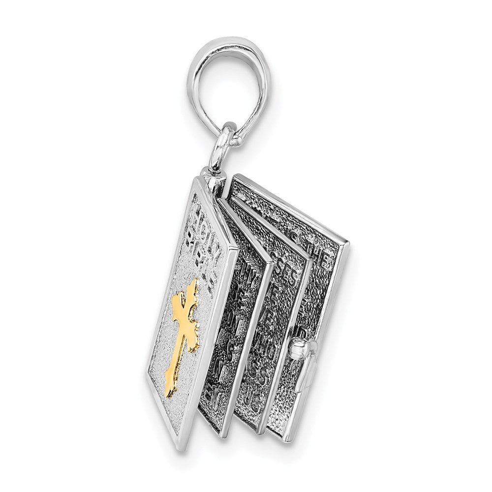 Million Charms 925 Sterling Silver Religious Charm Pendant, 3-D Holy Bible Book & 14K Cross  with Lord's Prayer Inside