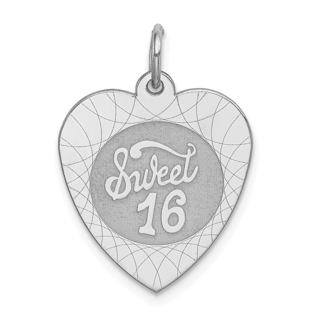 Million Charms 925 Sterling Silver Rhodium-Plated Sweet Sixteen Heart Disc Charm