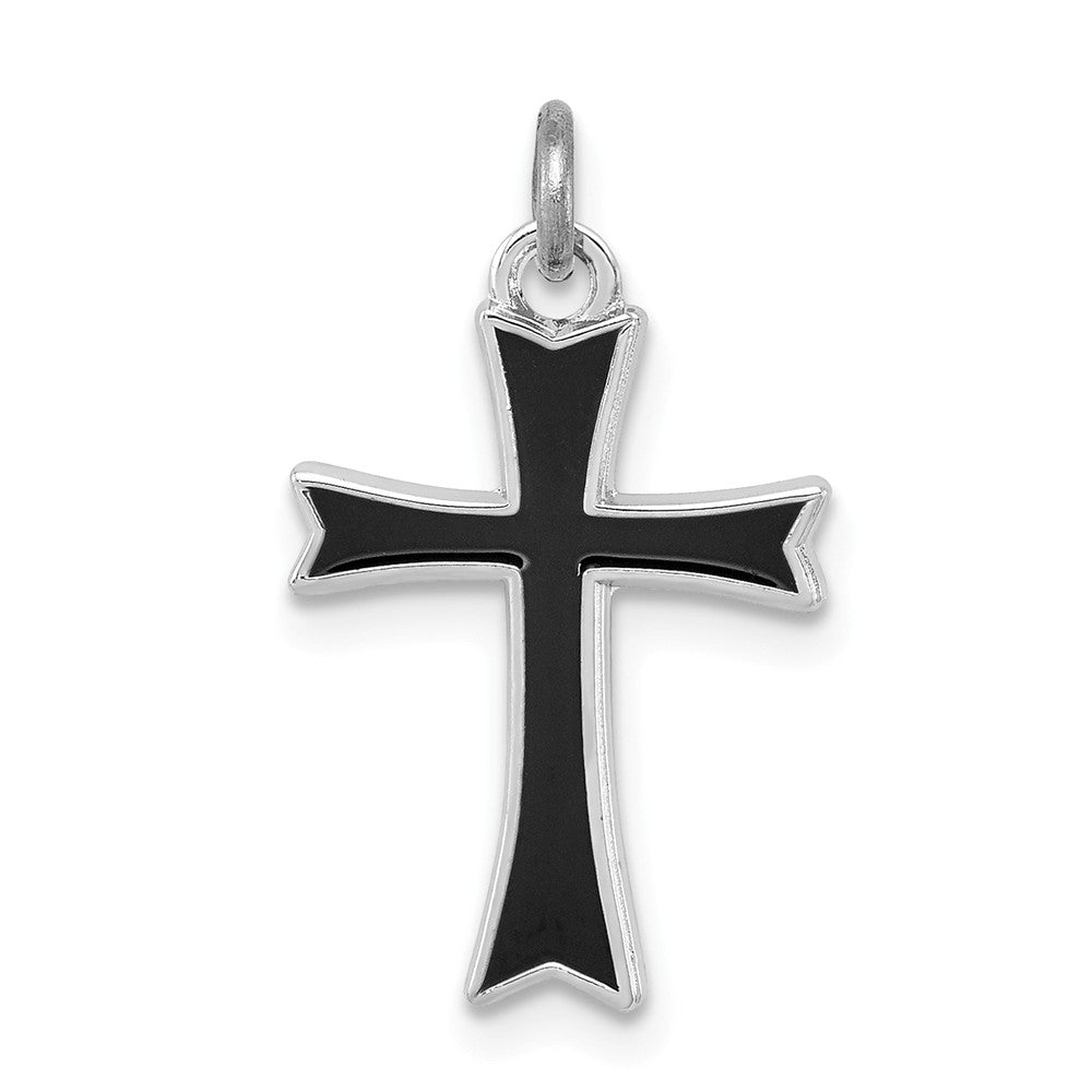 Million Charms 925 Sterling Silver Rhodium-Plated Black Enameled Relgious Cross Charm