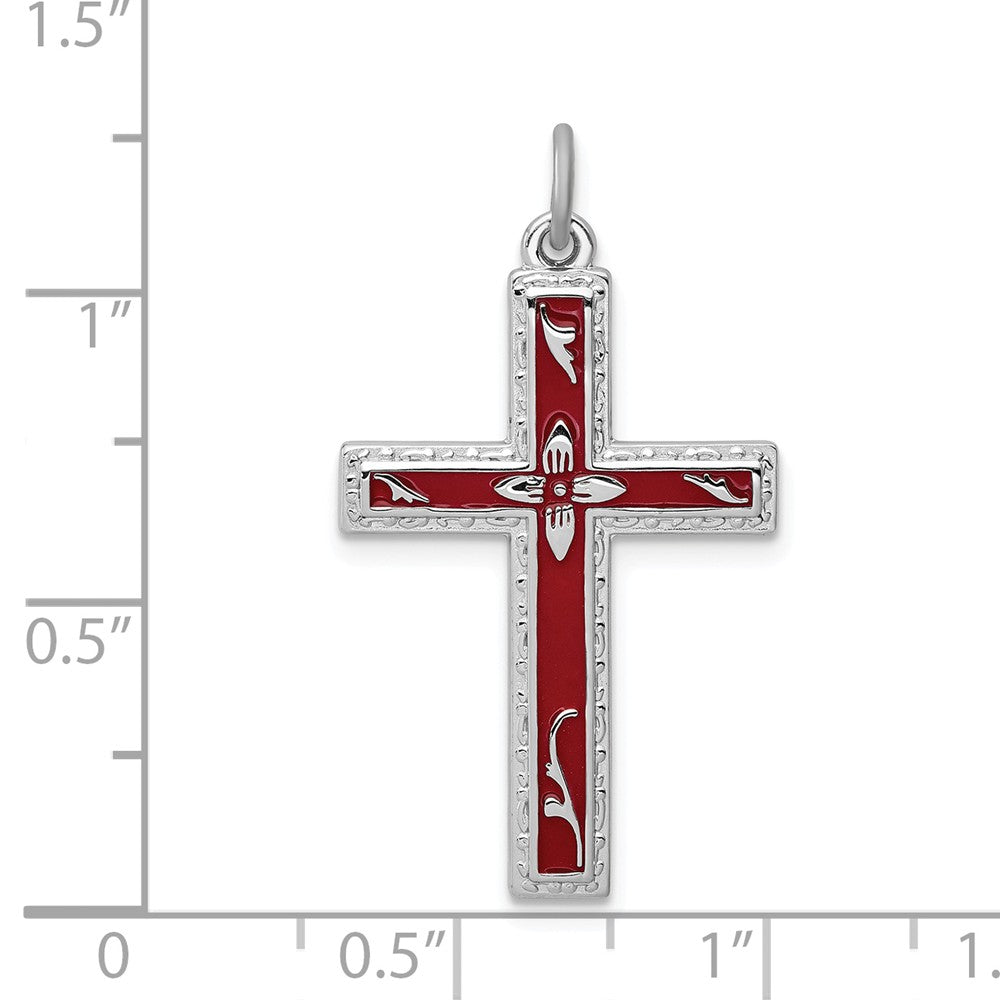 Million Charms 925 Sterling Silver Rhodium-Plated Red Enameled Relgious Cross Pendant