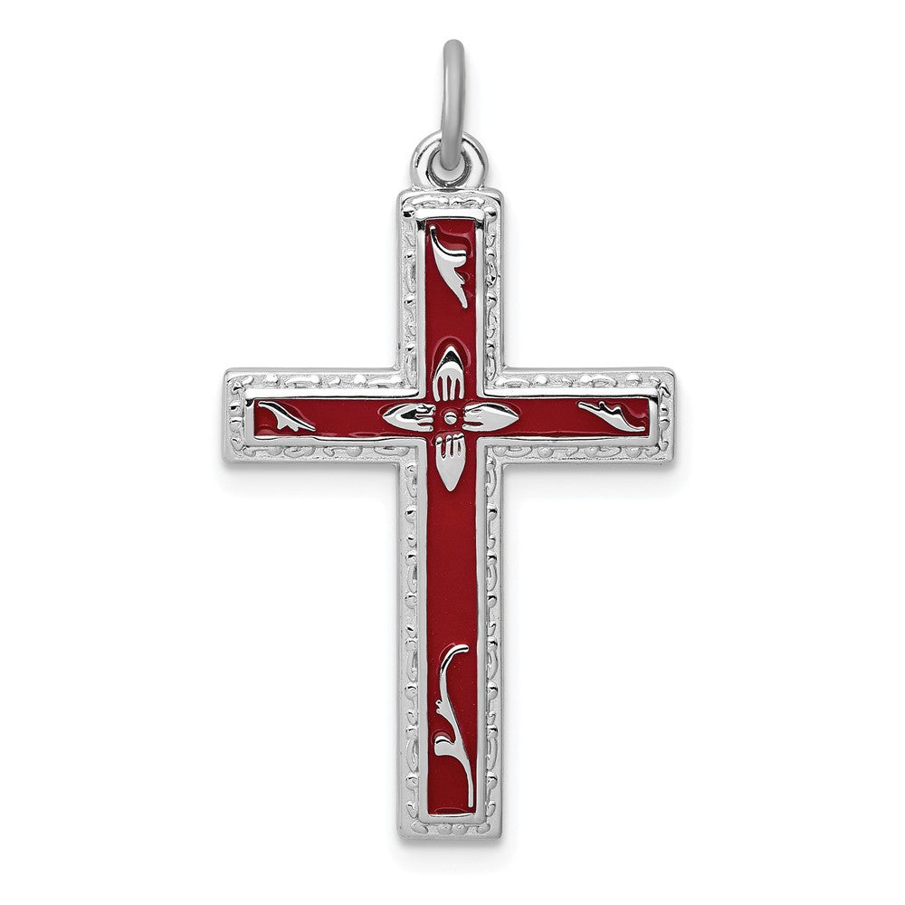 Million Charms 925 Sterling Silver Rhodium-Plated Red Enameled Relgious Cross Pendant