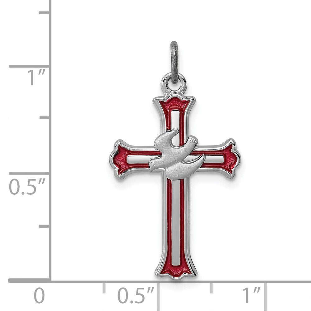 Million Charms 925 Sterling Silver Rhodium-Plated Enameled Relgious Cross With Dove Charm