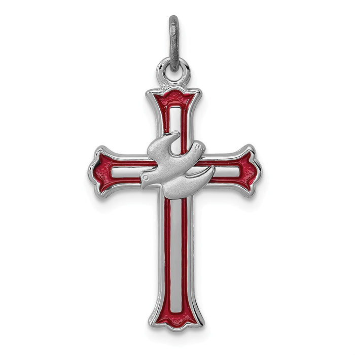 Million Charms 925 Sterling Silver Rhodium-Plated Enameled Relgious Cross With Dove Charm