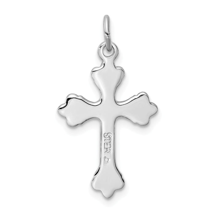 Million Charms 925 Sterling Silver Rhodium-Plated Blue Enameled Budded Relgious Cross Charm