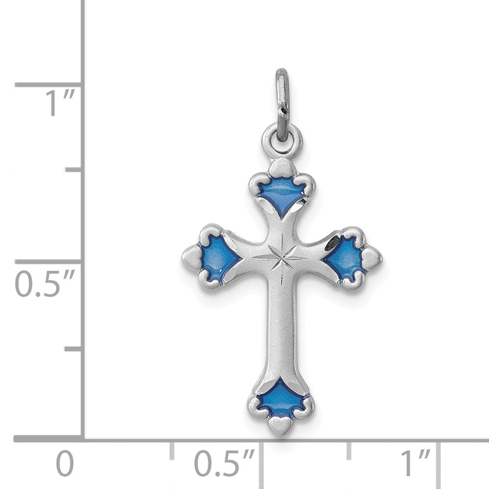 Million Charms 925 Sterling Silver Rhodium-Plated Blue Enameled Budded Relgious Cross Charm