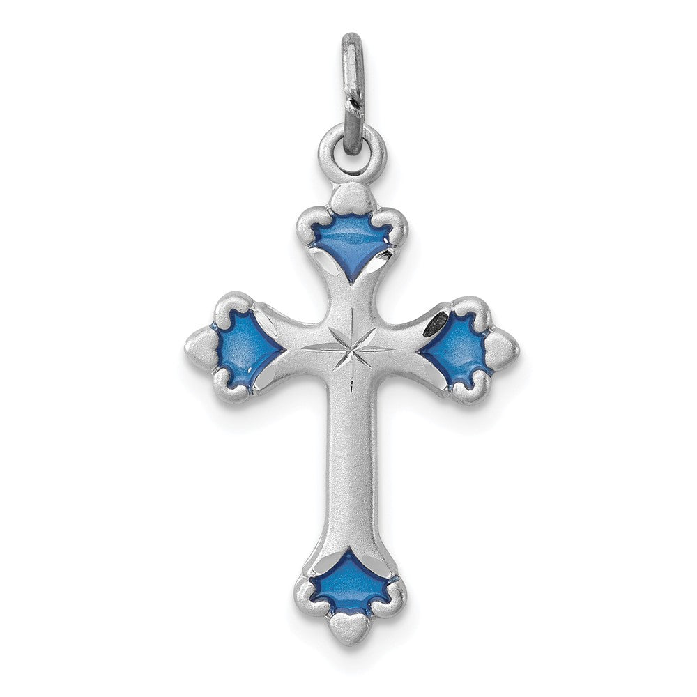 Million Charms 925 Sterling Silver Rhodium-Plated Blue Enameled Budded Relgious Cross Charm