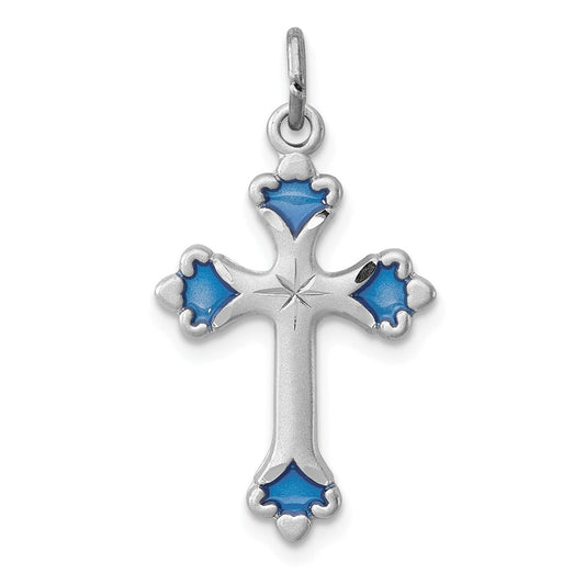 Million Charms 925 Sterling Silver Rhodium-Plated Blue Enameled Budded Relgious Cross Charm