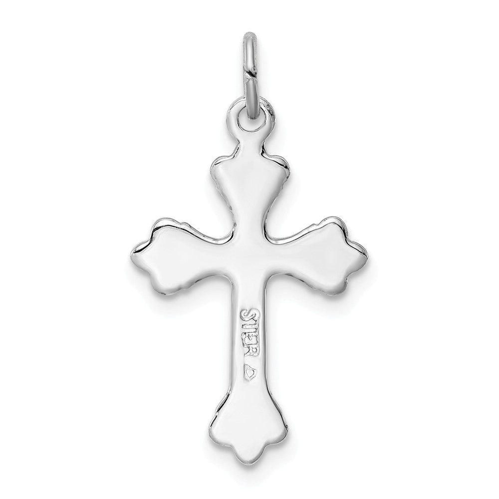 Million Charms 925 Sterling Silver Rhodium-Plated Green Enameled Budded Relgious Cross Charm