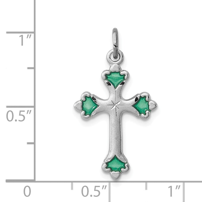 Million Charms 925 Sterling Silver Rhodium-Plated Green Enameled Budded Relgious Cross Charm