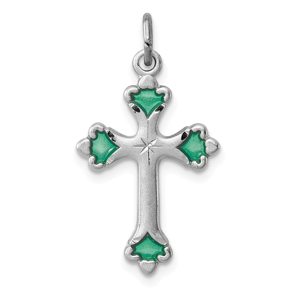 Million Charms 925 Sterling Silver Rhodium-Plated Green Enameled Budded Relgious Cross Charm