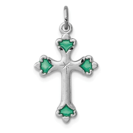 Million Charms 925 Sterling Silver Rhodium-Plated Green Enameled Budded Relgious Cross Charm