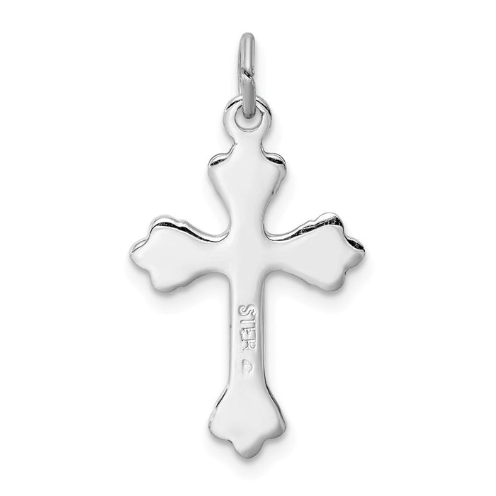 Million Charms 925 Sterling Silver Rhodium-Plated Pink Enameled Budded Relgious Cross Charm