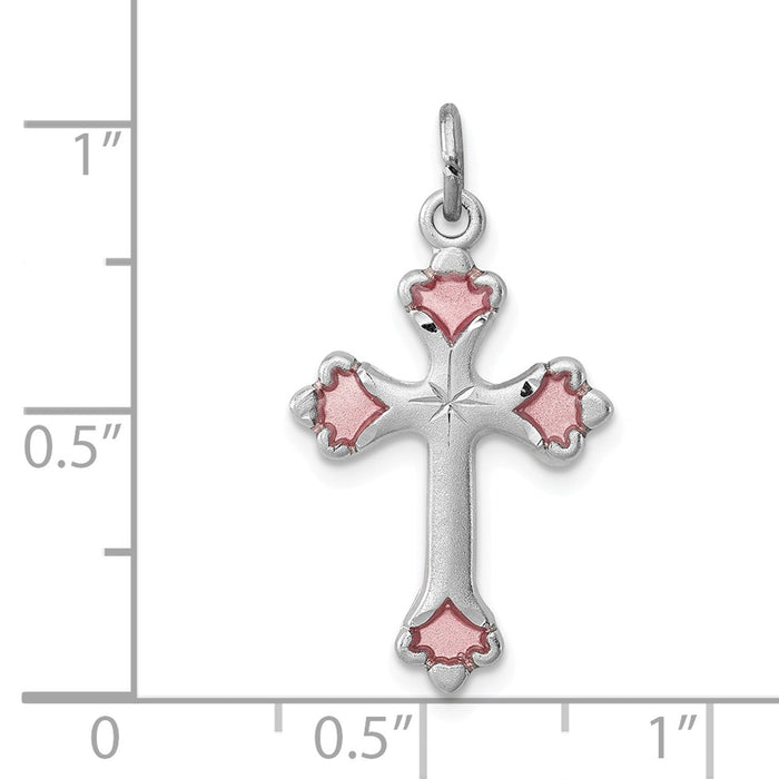 Million Charms 925 Sterling Silver Rhodium-Plated Pink Enameled Budded Relgious Cross Charm
