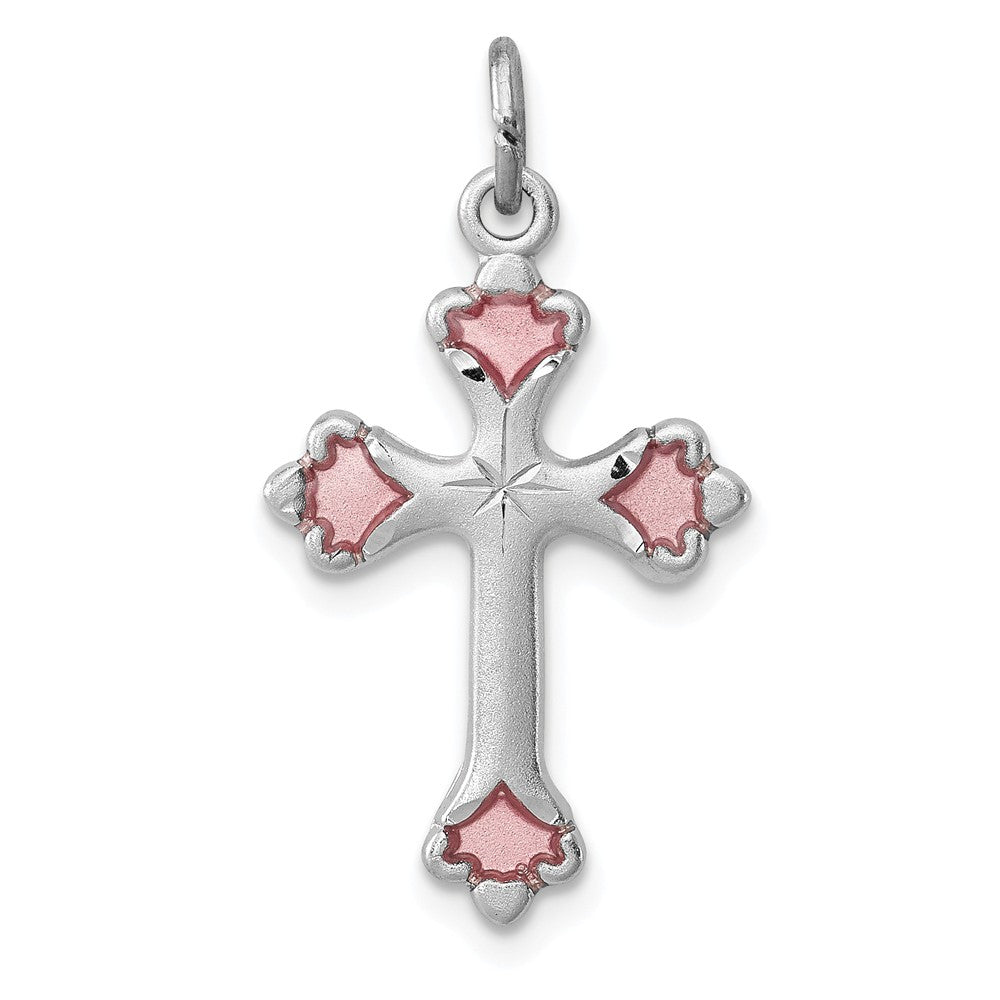Million Charms 925 Sterling Silver Rhodium-Plated Pink Enameled Budded Relgious Cross Charm
