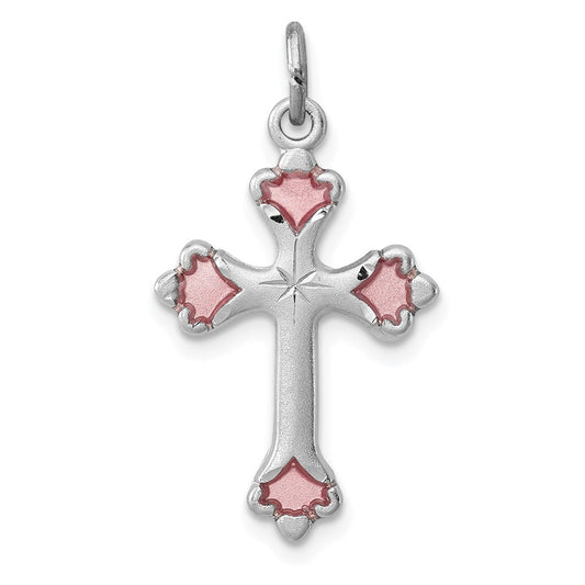Million Charms 925 Sterling Silver Rhodium-Plated Pink Enameled Budded Relgious Cross Charm